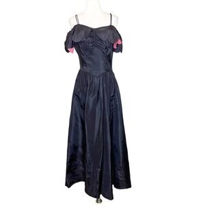 Vintage 50s S Small Black Taffeta Cocktail Party Dress Scallop Hem Pink Lining